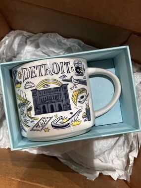 Detroit Illustrated Ceramic Coffee Mug - Blue & Yellow